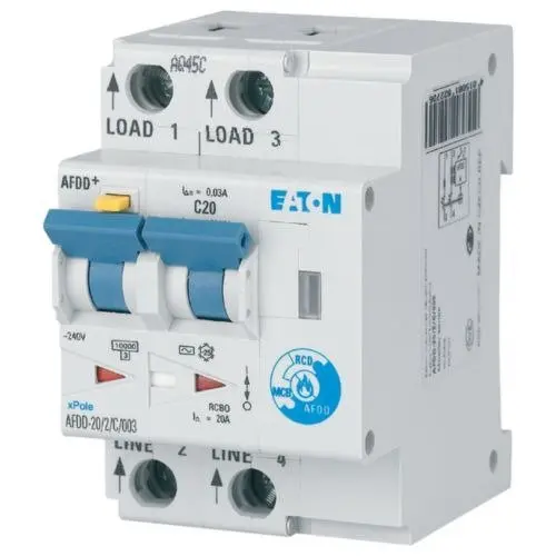 Dispozitiv de detectare a defectelor de arc electric AFDD, 2P, 20A, 30mA, 10kA, curba B, tip A, Eaton 187219