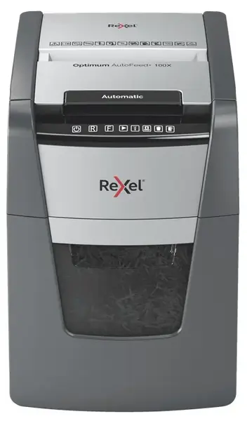 Distrugator documente si carduri automat Rexel Optimum AutoFeed+ 100X RX-2020100XEU, P4, 100 Coli, Cos 34 L (Negru)