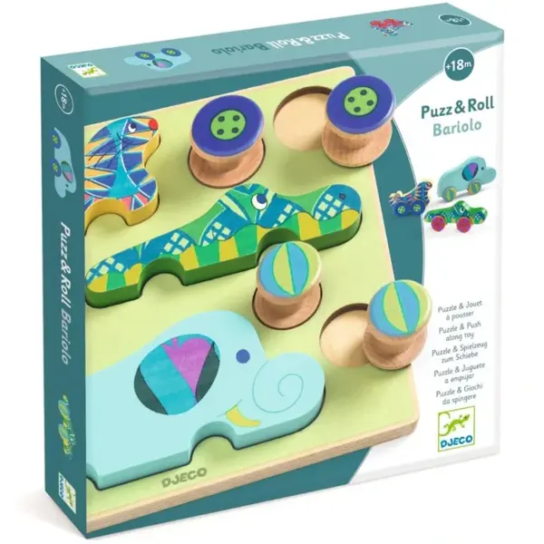 DJECO Puzzle & Push Along Toy Animal Toy Cars jucărie interactivă cu piese care se pot insera 18m+ 12 buc