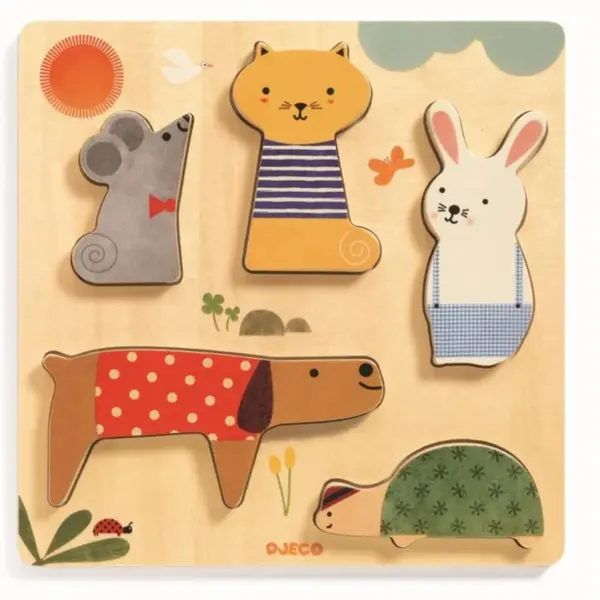 DJECO Wooden Block Puzzle Pets jucărie interactivă cu piese care se pot insera 12m+ 1 buc