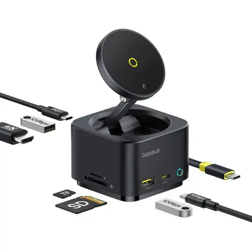 Docking station Baseus MagPro Series 7-in-1, incarcare wireless magnetica 15W, 4K HDMI, 2x USB-A, 1x UBS-C, 1x TF/SD, 1x PD (Negru)