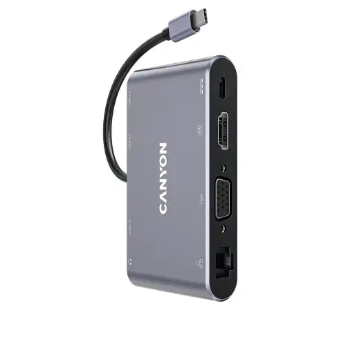 Docking Station CANYON CNS-TDS14 8 in 1 USB C, 1*HDMI, 1*VGA, 1* USB Type-C PD 100W PD, 3* USB3.0, 1*Gigabit Ethernet, 1*Jack 3.5mm (Gri)