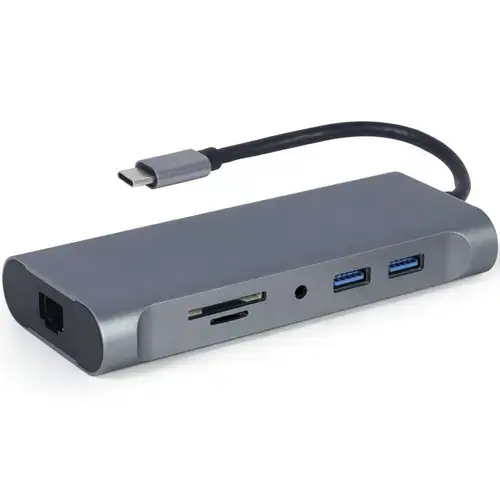 Docking station Gembird 7-in-1, USB-C x 1, USB-A 3.1 x 3, HDMI x 1, VGA x 1, RJ45 x 1, PD 100 W, SD și microSD, audio, Argintiu, A-CM-COMBO7-01