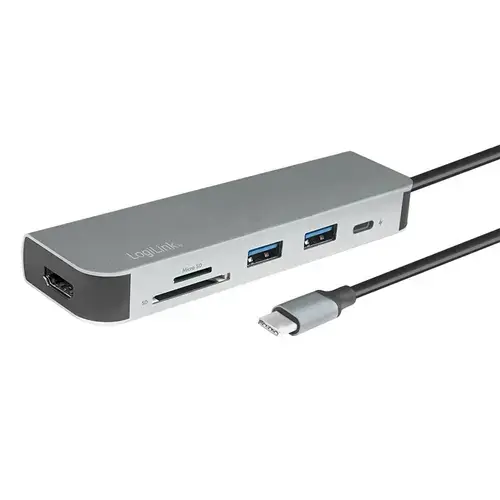 Docking Station LOGILINK UA0343 universal, conectare PC USB TYPE-C 3.2, USB 3.0 x 2, porturi video HDMI x 1, card reader, PD 2.0 pana la 60W (Argintiu)
