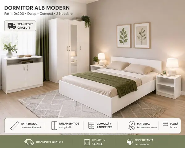 Dormitor Alb Modern cu Pat 140x200 si Dulap Spatios