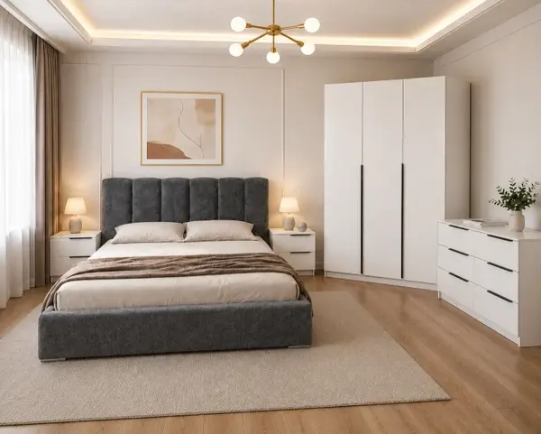 Dormitor Prestige 3 Usi cu pat tapitat Acril Alb