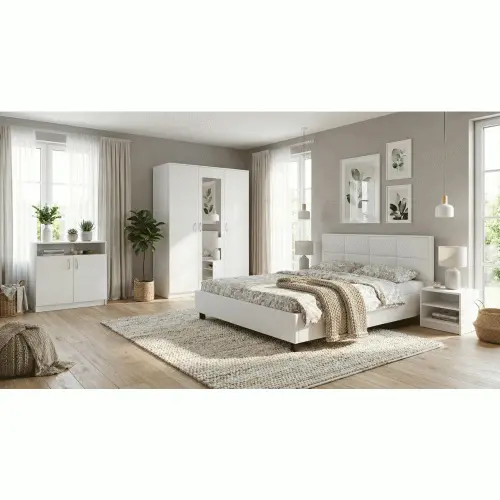 Dormitor Soft Alb cu pat tapitat alb pentru saltea 140x200cm