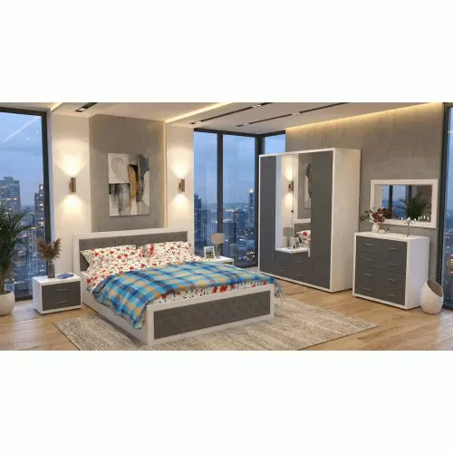 Dormitor Torino cu pat cu somiera metalica rabatabila 140x200 cm Alb / Gri