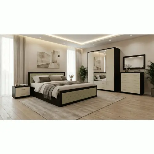 Dormitor Torino cu pat cu somiera metalica rabatabila pentru saltea 160x200 cm, Wenge / Brad