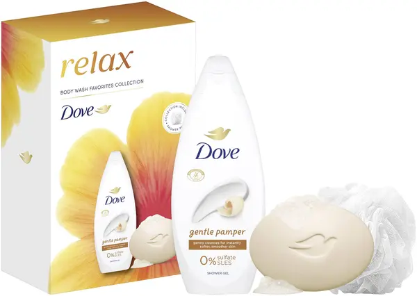 Dove Essential Care Set Relax - Gel de duș și săpun cremos, 250 ml + 90 g + Burete de baie