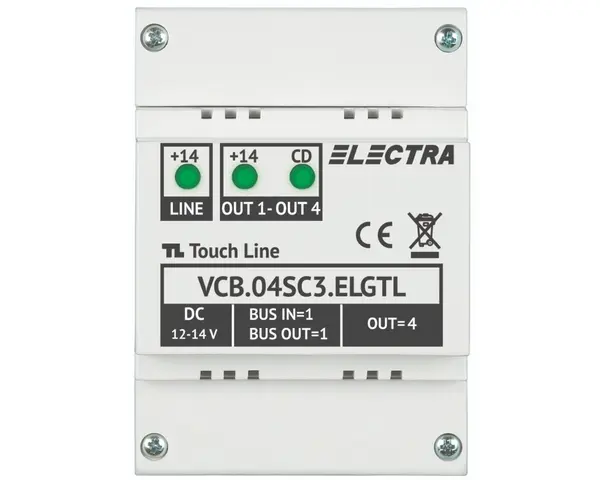 Doza derivatie pentru interfoanele Electra Touch Line cu 4 fire, 1-4 familii, montaj pe sina DIN, VCB.04SC3.ELGTL