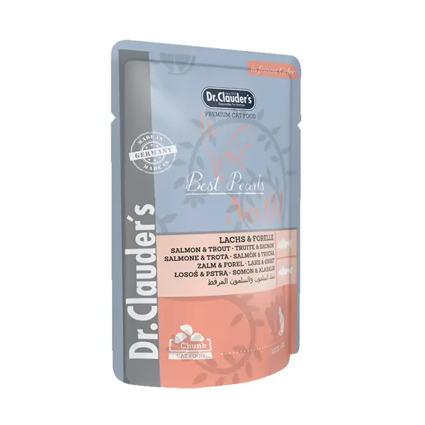 DR. CLAUDER'S, Somon și Păstrăv, plic hrană umedă pisici, (în aspic), 100g
