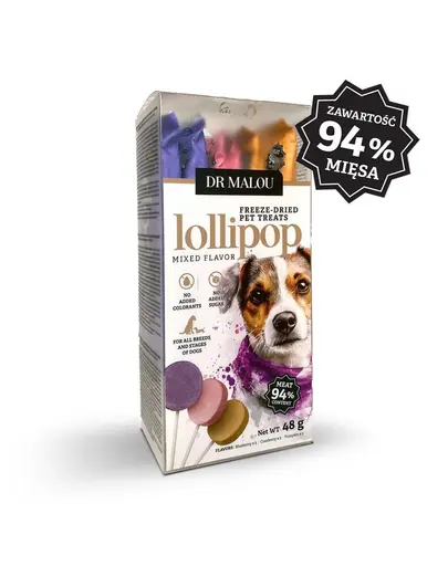 DR MALOU Lollipop acadele liofilizate din carne pentru câini arome mixte 2x48 g (6 bucăți)