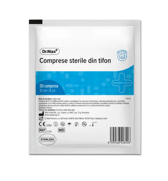 Dr. Max Comprese sterile din tifon 10 cm × 8 cm, 50 bucati