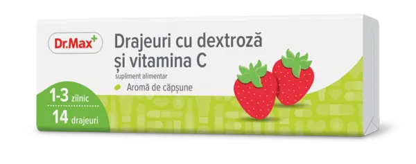 Dr. Max Drajeuri cu dextroza si vitamina C cu aroma de capsune, 14 drajeuri