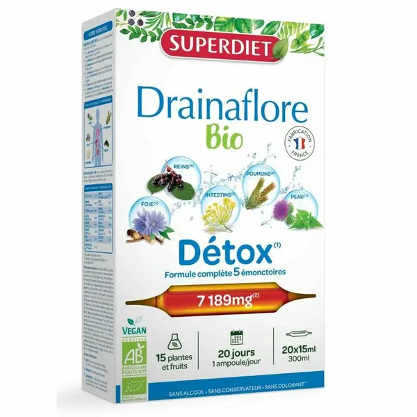 DRAINAFLORE DETOXIFIERE BIO, 20 fiole din sticla x 15ml, SUPERDIET