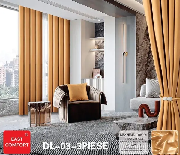 Draperie din Tercot Luxury, cu inele incastrate, East Confort,150x245cm, cu Snur Magnetic si Fata de Perna Decorativa – Calitate Premium pentru Confortul Tau, Mustar