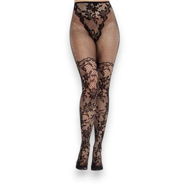Dresuri sexy LEG AVENUE Dahlia Lace Stockings, design cu plasă și dantelă florală, negru, mărime universală (9237)