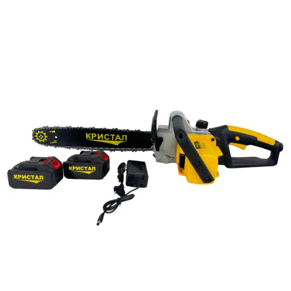 Drujba, mini fierastrau cu 2 acumulator DDT-CRISTAL, 48V, 1600W, 4800rot min, 5A, Brushless, Motor fara perii, lungimea lamei de 405mm, 2 lame, 2 lanturi, ideala pentru taierea lemnelor de foc