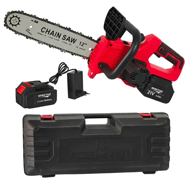 Drujba mini fierastrau cu acumulator DDT-CRISTAL, 21V, 4A, Indicator procentaj baterie, sistem de ungere automat, Lama+Lant 12 Geanta transport, Rosu-Negru