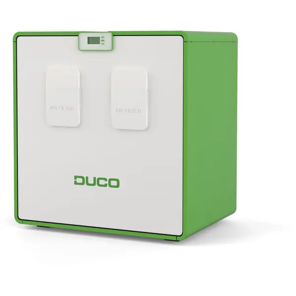 DUCO Unitate centralizata de ventilatie cu recuperare de caldura Duco DucoBox Energy Comfort Plus D350, pentru constructii rezidentiale, clasa eficienta A, montare podea sau perete, cu afisaj digital, 92.7 W, Alb-Verde