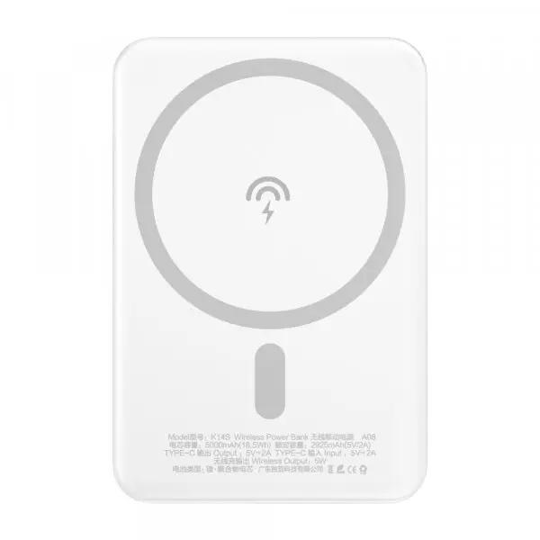 Dudao Baterie Externa Wireless Dudao K14S, 5000mAh, 10W, PD + QI, 1 x QI - 1 x USB-C, Alb