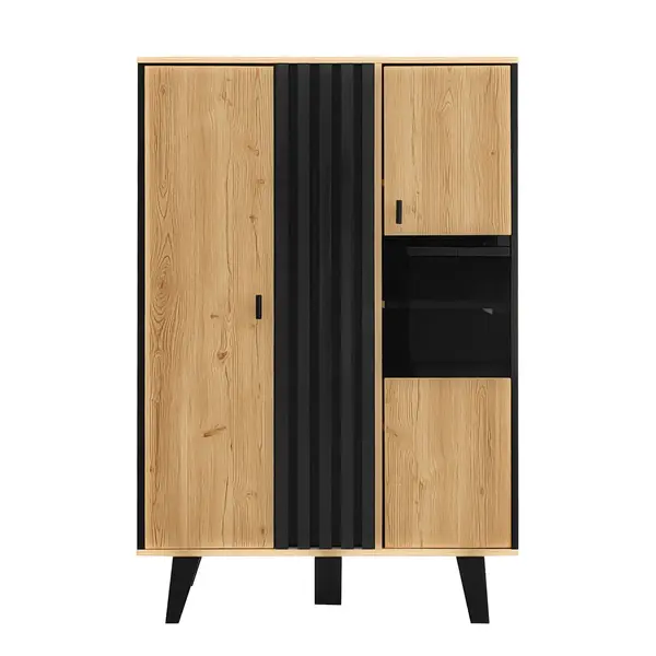 Dulap auxiliar cu vitrină, iluminare LED și sticlă, 80x40x120 cm, Culoare naturală+Negru