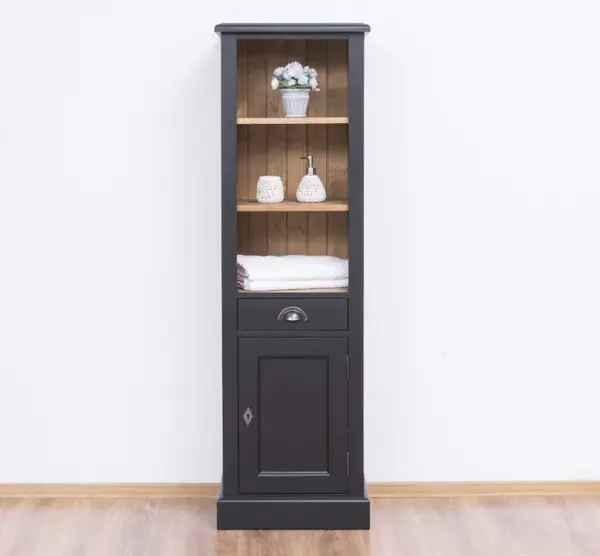 Dulap baie cu 1 usa, 1 sertar, 2 rafturi cu finisaj Black / Walnut Waxed