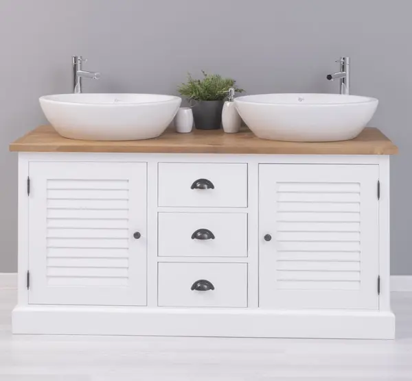 Dulap baie cu 2 usi lamelare - lavoarele nu sunt incluse in pret cu finisaj White / Walnut Waxed