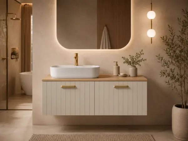 Dulap baie MDF vopsit suspendat 120 cm pentru lavoar cu blat stejar, gri, Isvea Rinato