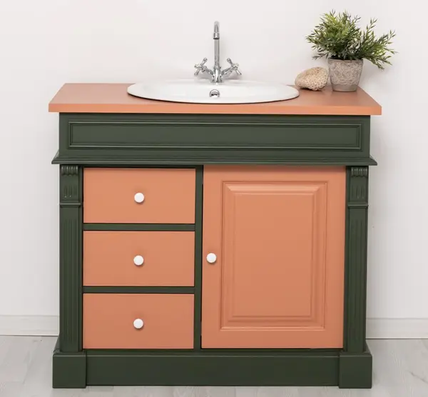 Dulap baie ornamental cu 3 sertare si 1 usa, din stejar, lavoar inclus in pret - Culoare Top_P112 - Culoare Corp_P115 - Culoare cu finisaj Dublu color
