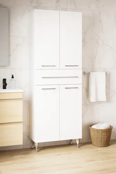 Dulap baie seria 005, front MDF, 4 usi, 1 sertar, alb, 60x31.6x166 cm