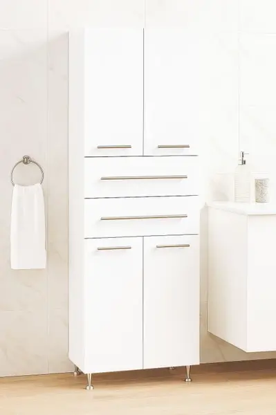Dulap baie seria 008, front MDF, 4 usi, 2 sertare, montat, alb, 60x31.6x180 cm
