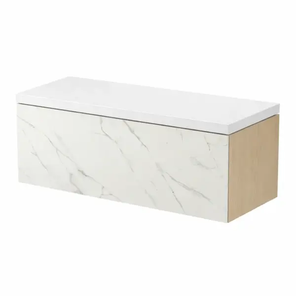 Dulap baie suspendat Cersanit Inverto 100 pentru lavoar incastrabil, stejar, cu placa ceramica CALACATTA