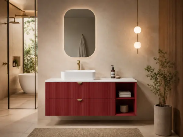 Dulap baie suspendat cu 2 sertare 130 cm MDF vopsit, rosu rubin, blat Quartz, Isvea Infinity