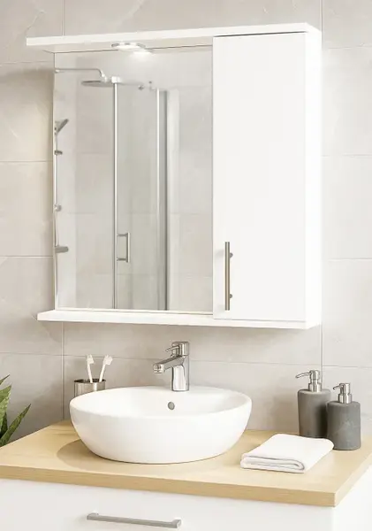 Dulap baie suspendat seria 020 cu oglinda, front MDF, montat, alb, 70x71 cm