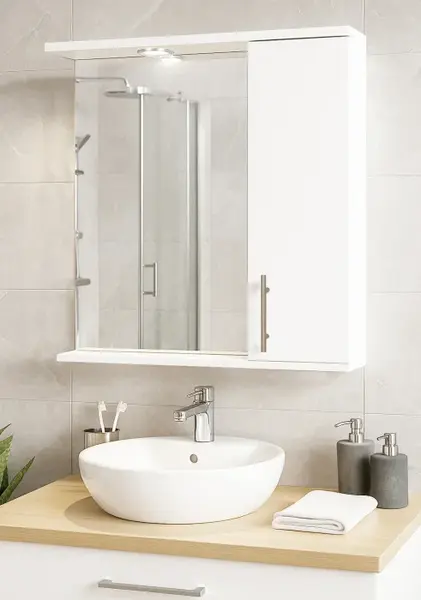Dulap baie suspendat seria 020 cu oglinda, front MDF, montat, alb, 65x71 cm