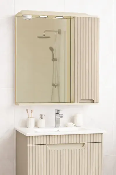 Dulap baie suspendat seria 033 cu oglinda, front MDF, montat, crem, 60x71 cm