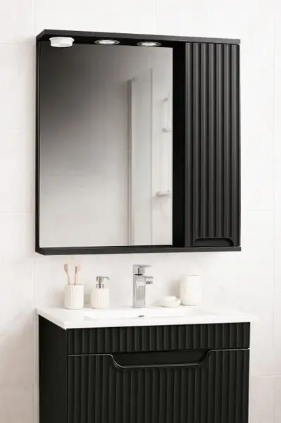 Dulap baie suspendat seria 033 cu oglinda, front MDF, montat, negru, 60x71 cm