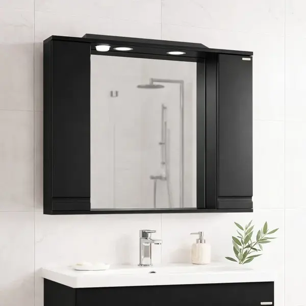 Dulap baie suspendat seria 786 cu oglinda, front MDF, montat, negru, 80x71 cm
