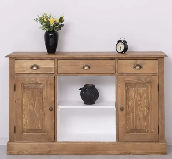 Dulap cu 2 usi, 3 sertare, spatiu deschis cu finisaj Walnut Waxed/White