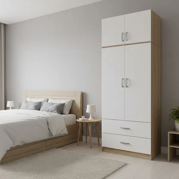 Dulap cu 2 usi, Athos, V17, Alb-Stejar, 80x42x240 cm