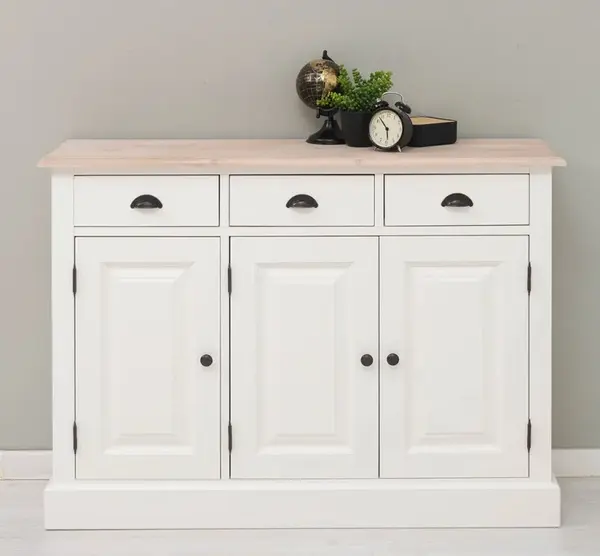 Dulap cu 3 usi si 3 sertare, blat stejar cu finisaj Signal White / Light Natural