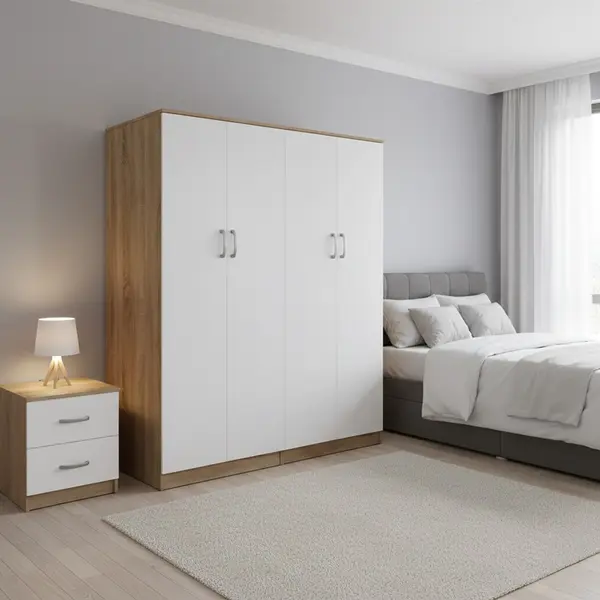 Dulap cu 4 usi, Athos I, V1, Alb-Stejar, 160x42x180 cm