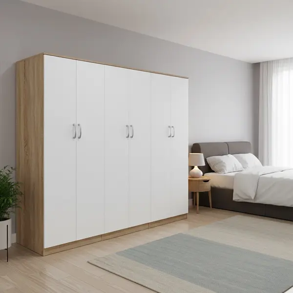 Dulap cu 6 usi, Athos II, V2, Alb-Stejar, 240x42x180 cm
