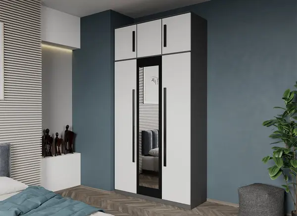 Dulap dormitor 3 usi Gri cu Alb+oglinda 124 x 240,3 cm - Dallas