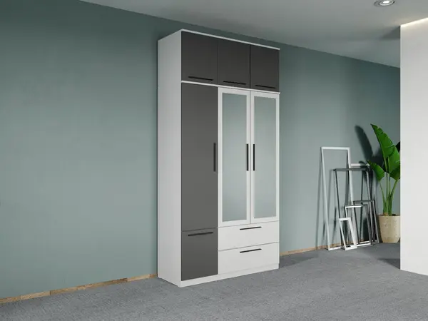 Dulap dormitor Alb-Gri 3U cu oglinda+suprapozabil - Madrid