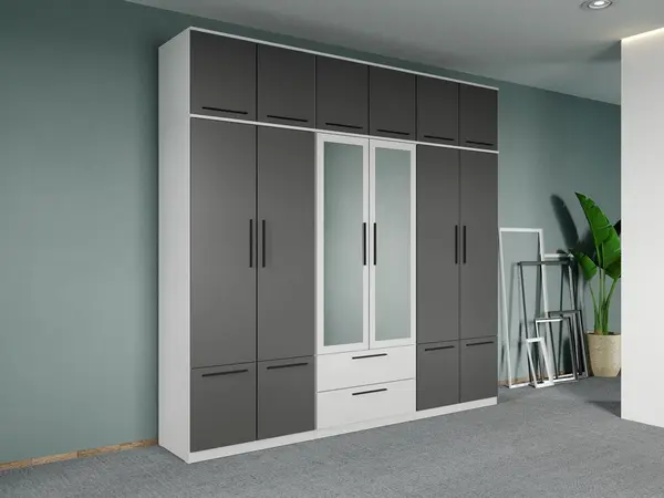Dulap dormitor Alb-Gri 6U cu oglinda+suprapozabil - Madrid