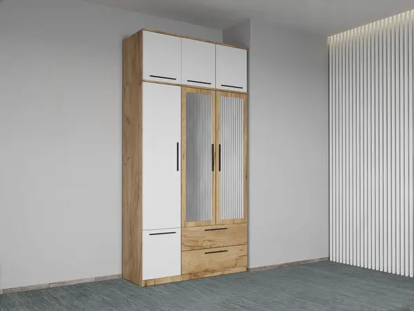 Dulap dormitor Stejar+Alb 3U cu oglinda+suprapozabil - Madrid