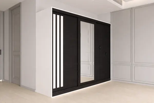 Dulap dressing Paris 3 usi cu oglinda, 200 cm, Alb/Lemn negru